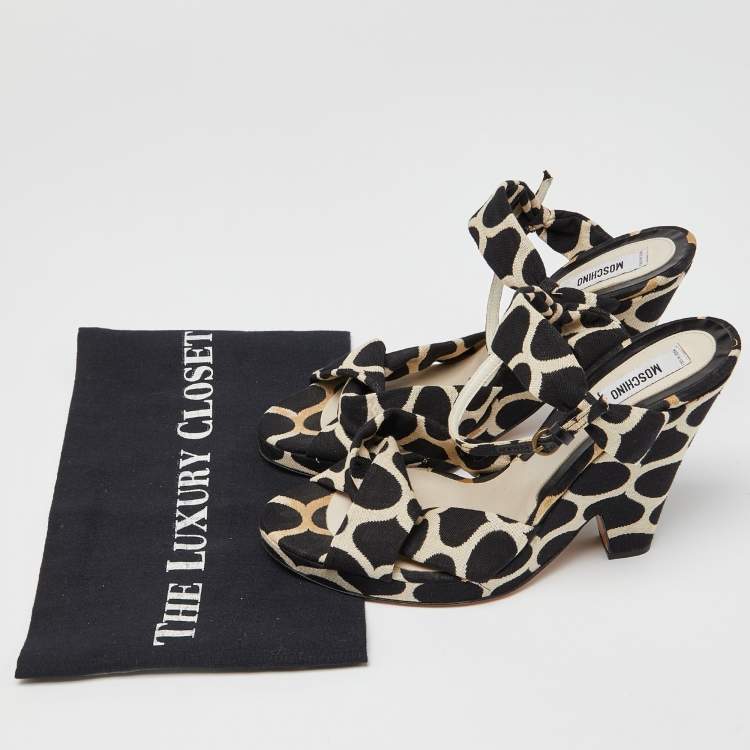 Pre Owned Moschino Black/White Printed Canvas Ankle Strap Sandals Size 38 