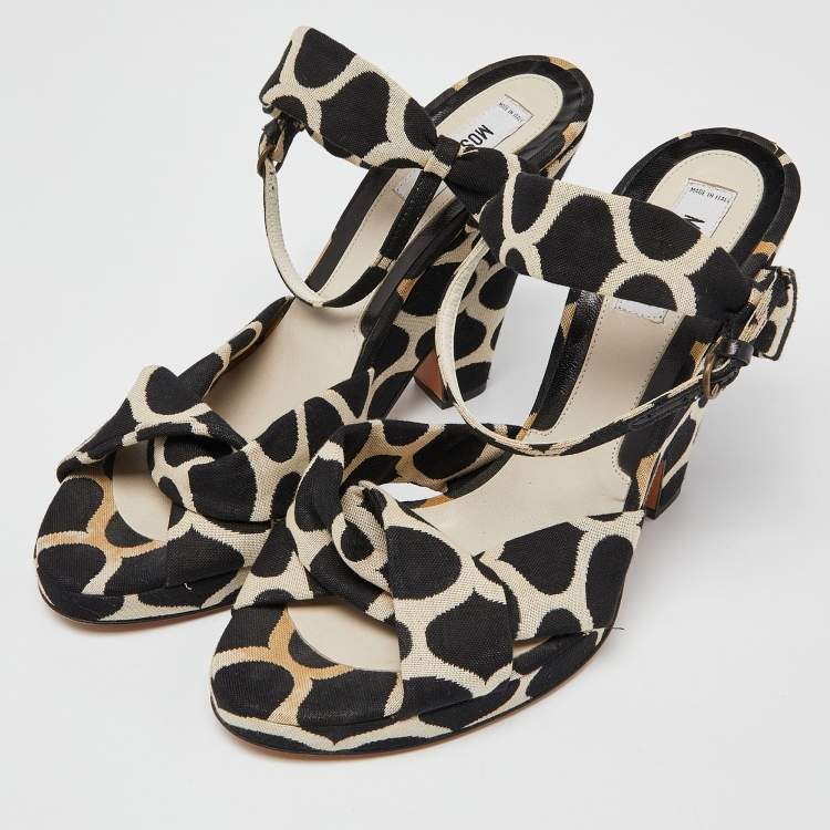 Pre Owned Moschino Black/White Printed Canvas Ankle Strap Sandals Size 38 