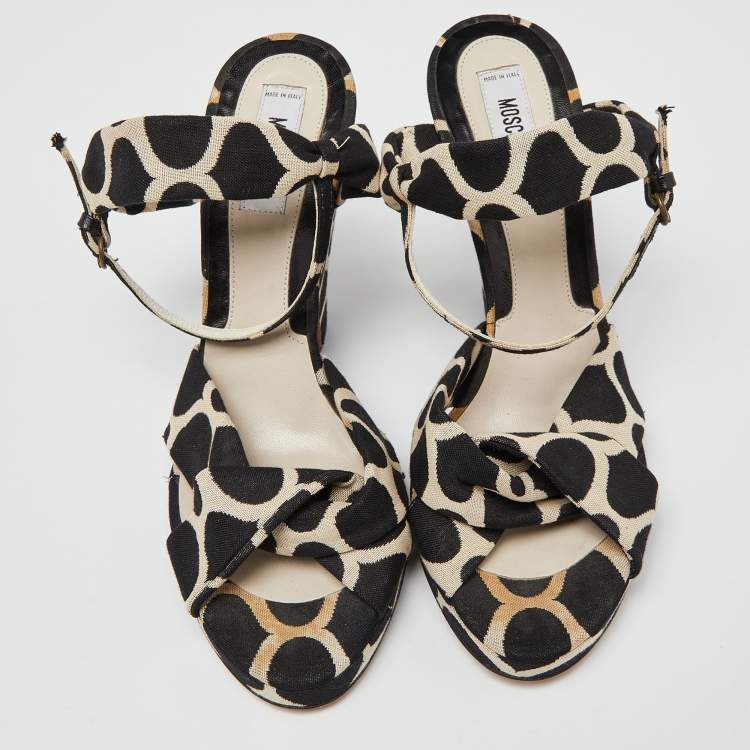 Pre Owned Moschino Black/White Printed Canvas Ankle Strap Sandals Size 38 
