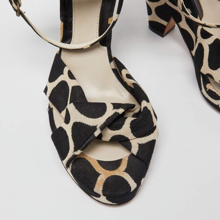 Pre Owned Moschino Black/White Printed Canvas Ankle Strap Sandals Size 38 