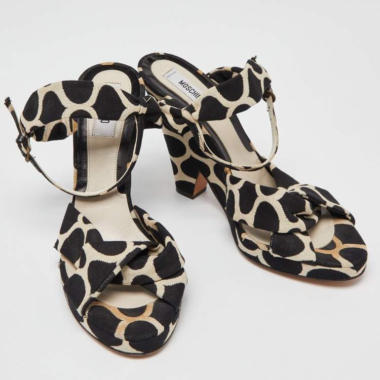 Pre Owned Moschino Black/White Printed Canvas Ankle Strap Sandals Size 38 