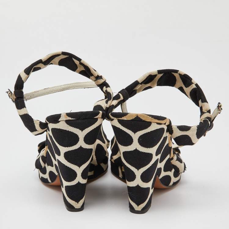 Pre Owned Moschino Black/White Printed Canvas Ankle Strap Sandals Size 38 