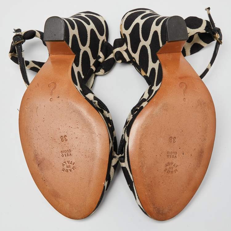 Pre Owned Moschino Black/White Printed Canvas Ankle Strap Sandals Size 38 