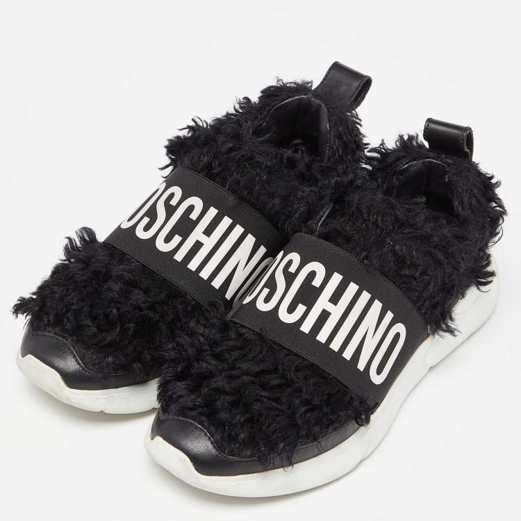 Pre Owned Moschino Black Leather and Faux Fur Logo Slip On Sneakers Size 37
