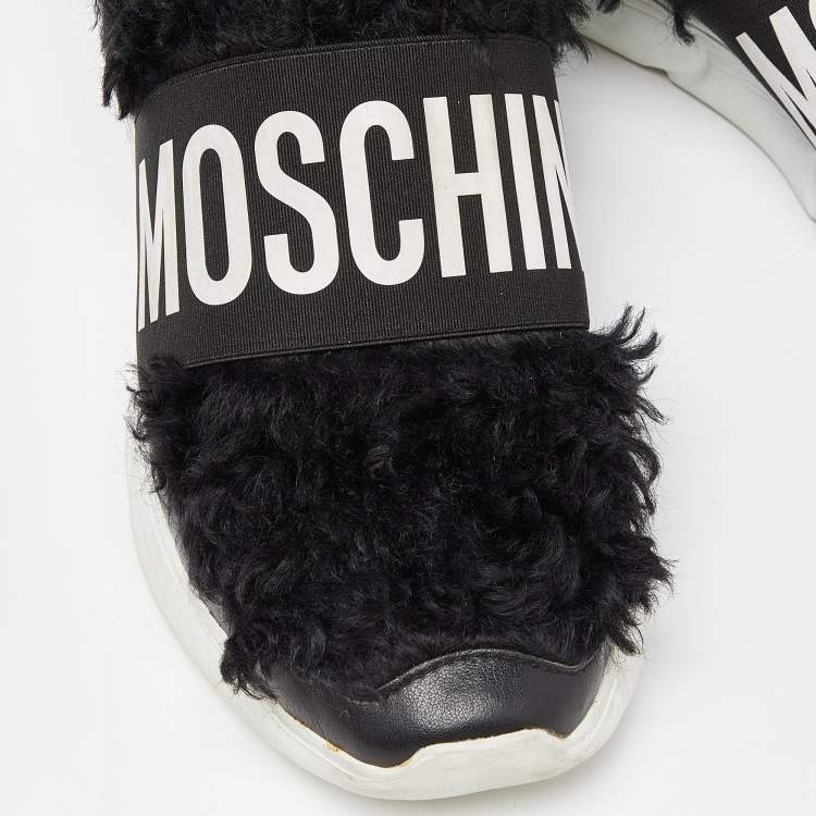 Pre Owned Moschino Black Leather and Faux Fur Logo Slip On Sneakers Size 37
