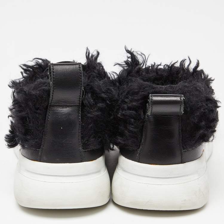 Pre Owned Moschino Black Leather and Faux Fur Logo Slip On Sneakers Size 37