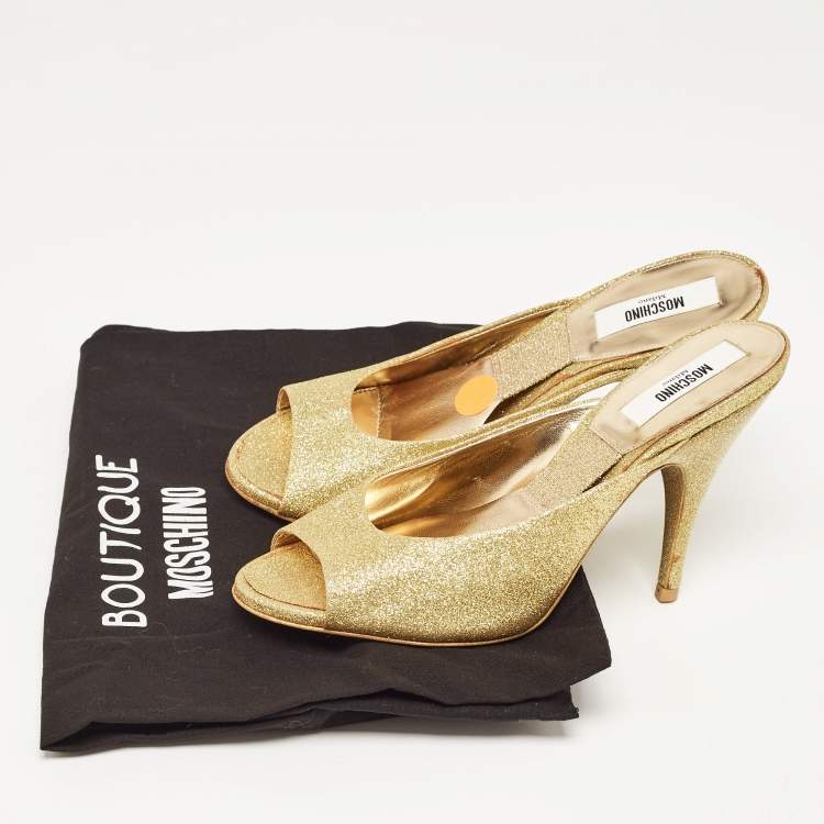 Pre Owned Moschino Gold Glitter Slide Sandals Size 36