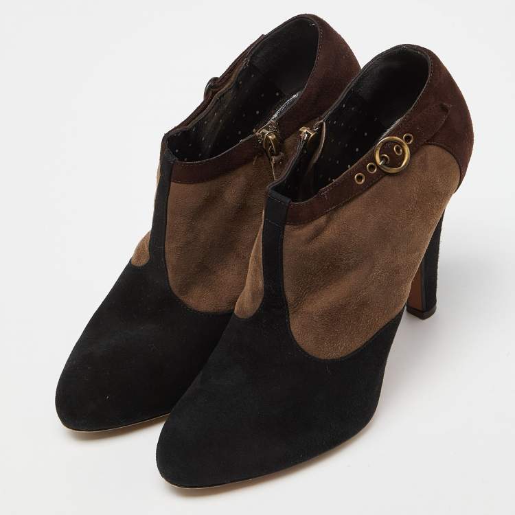 Pre Owned Moschino Brown/Black Suede Buckle Detail Platform Ankle Booties Size 39.5