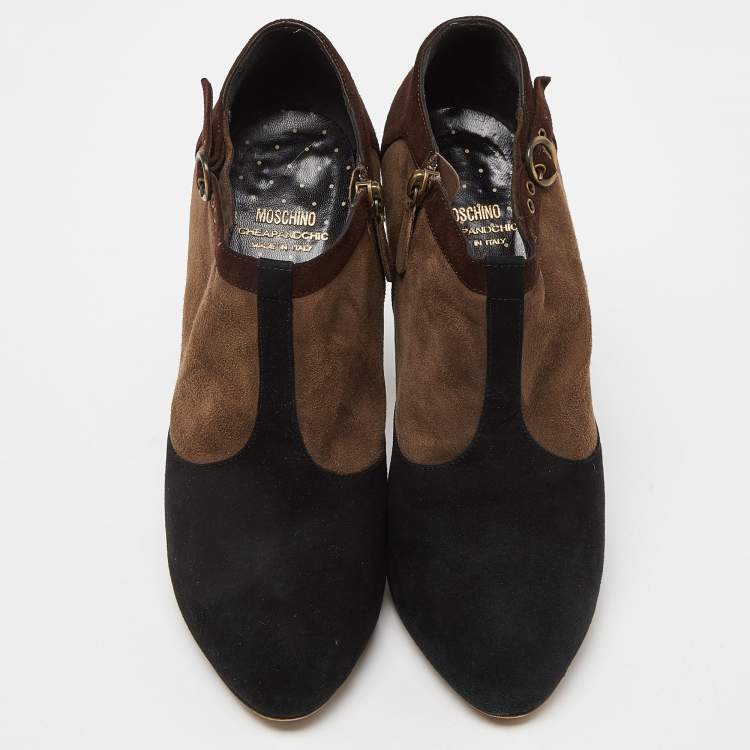 Pre Owned Moschino Brown/Black Suede Buckle Detail Platform Ankle Booties Size 39.5