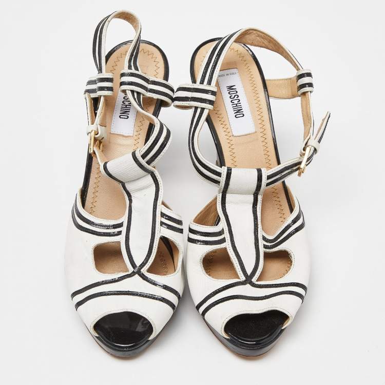 Pre Owned Moschino White/Black Leather Slingback Sandals Size 37