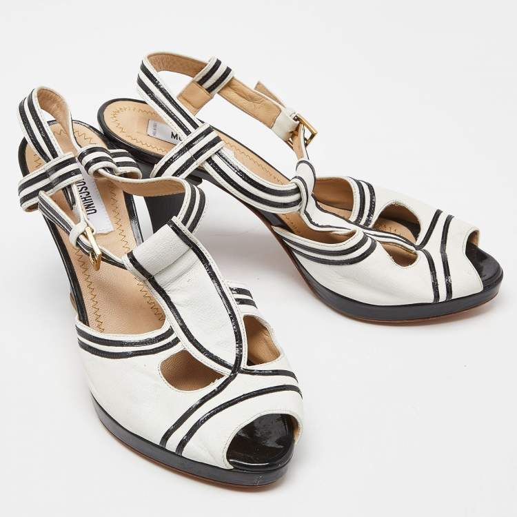 Pre Owned Moschino White/Black Leather Slingback Sandals Size 37