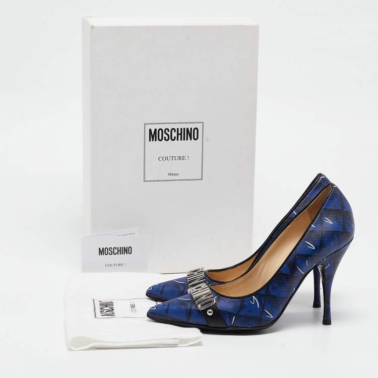 Pre Owned Moschino Blue Printed Leather Logo Buckle Pointed Toe Pumps Size 36