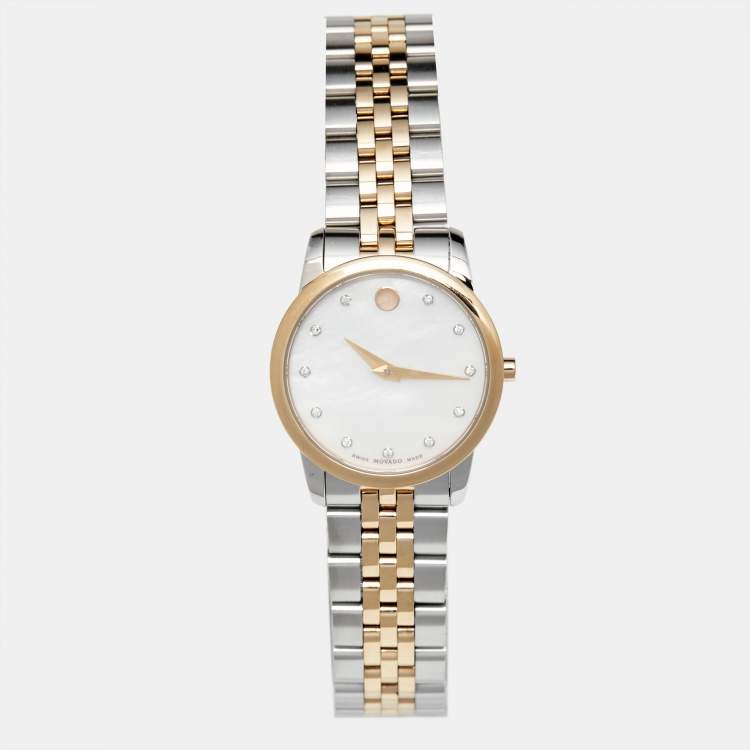 Pre Owned Movado Mother of Pearl Diamond Two Tone Stainless Steel Museum 607209 Women's Wristwatch 28 mm