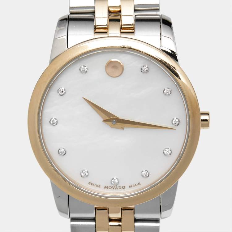 Pre Owned Movado Mother of Pearl Diamond Two Tone Stainless Steel Museum 607209 Women's Wristwatch 28 mm