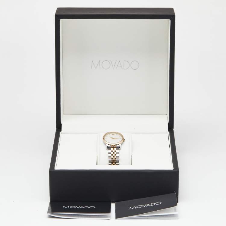 Pre Owned Movado Mother of Pearl Diamond Two Tone Stainless Steel Museum 607209 Women's Wristwatch 28 mm