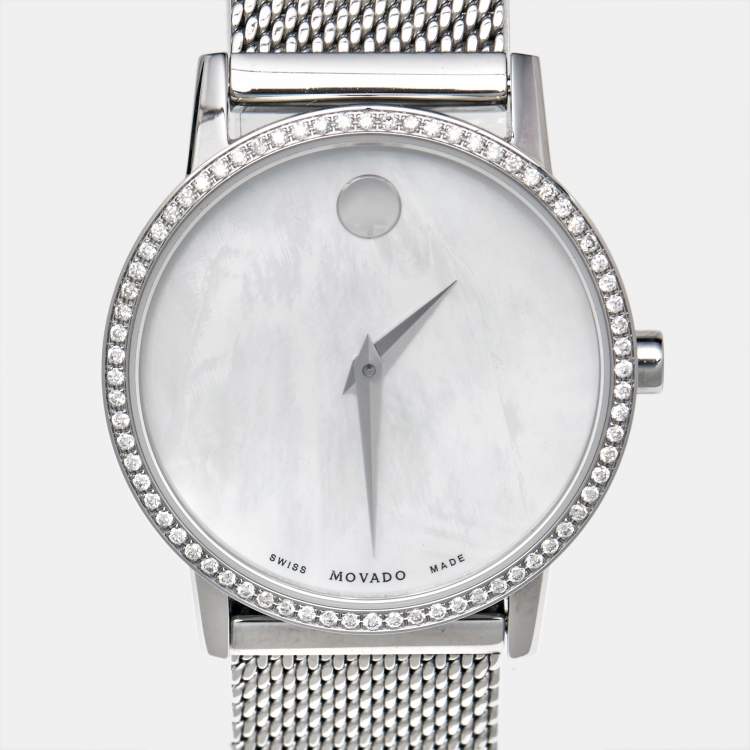 Pre Owned Movado Mother of Pearl Diamond Stainless Steel Museum 07.3.14.1463.S Women's Wristwatch 28 mm