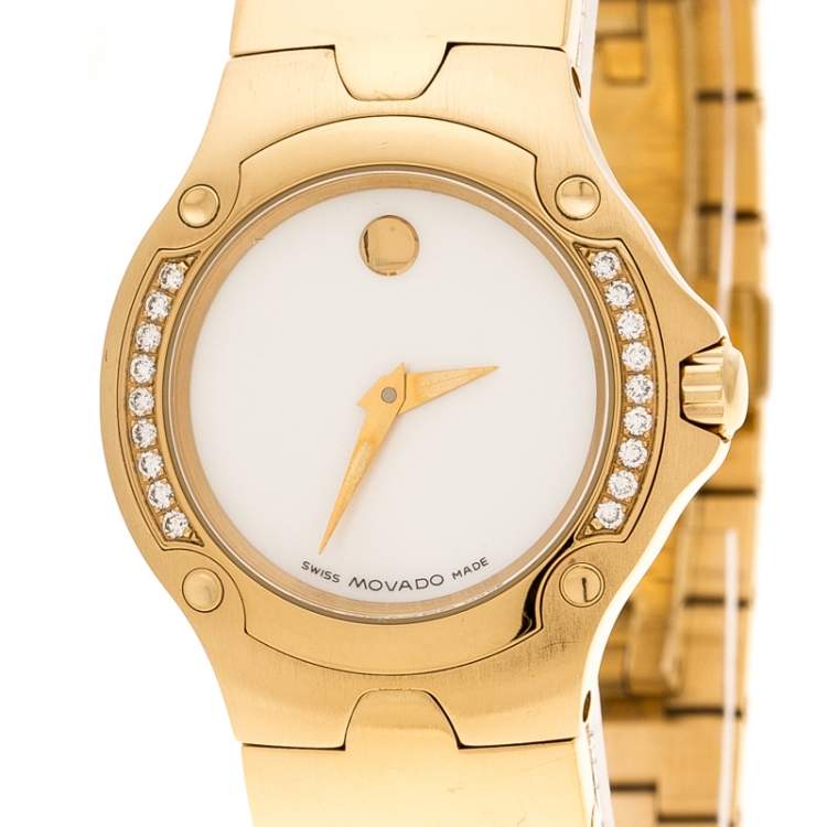 Pre Owned Movado White Mother of Pearl Yellow Gold Plated Steel Diamonds Sports Edition 88G41851S Women's Wristwatch 27 mm