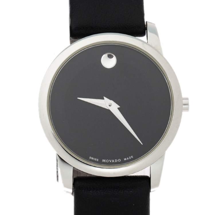 Pre Owned Movado Black Stainless Steel Leather Museum 07.3.14.1143 Women's Wristwatch 28 mm