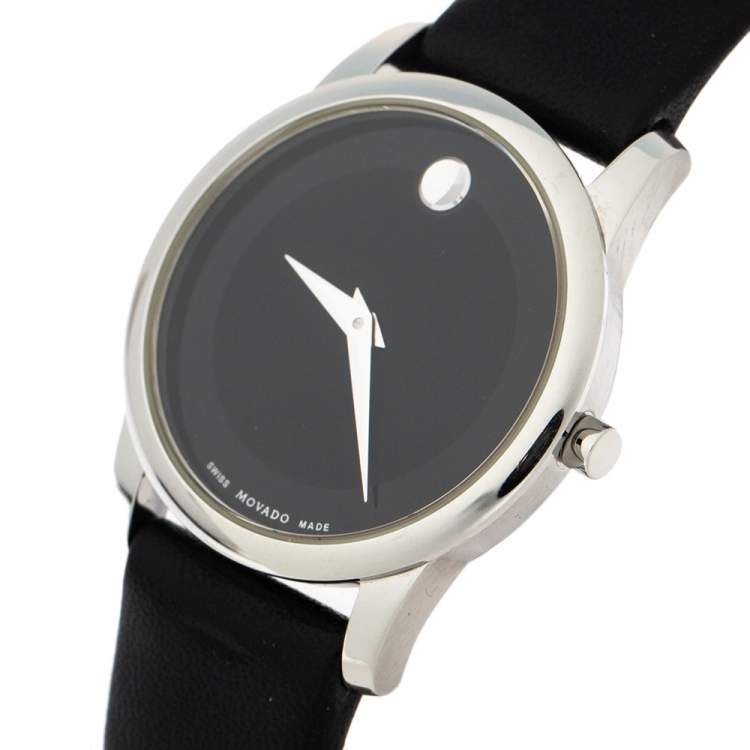Pre Owned Movado Black Stainless Steel Leather Museum 07.3.14.1143 Women's Wristwatch 28 mm