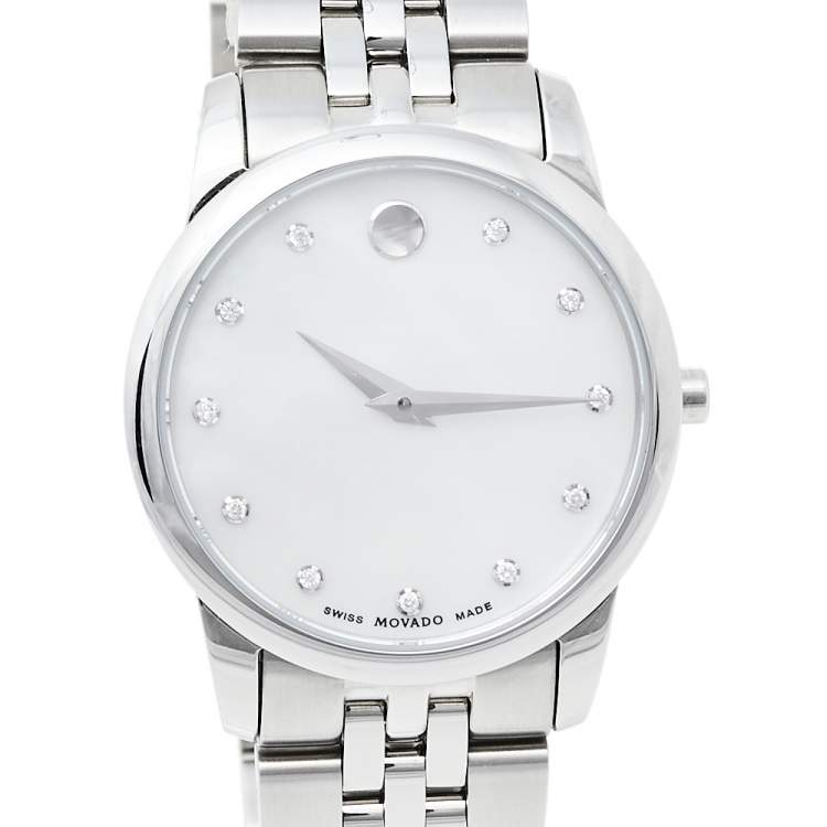 Pre Owned Movado Mother Of Pearl Stainless Steel Diamond Museum 07.3.14.1143 Women's Wristwatch 28 mm