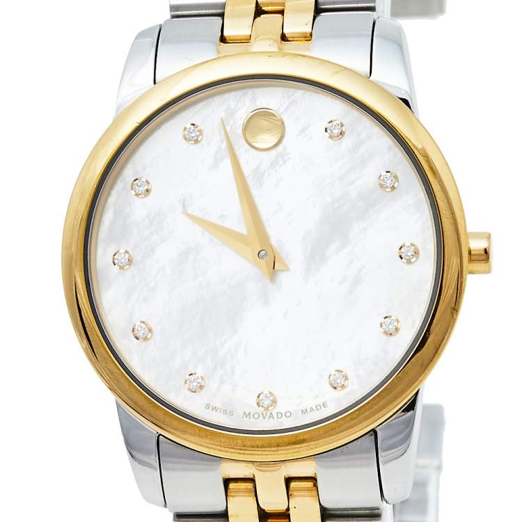 Pre Owned  Movado Mother Of Pearl Two-Tone Stainless Steel Diamonds Safiro 0606900 Women's Wristwatch 28 mm