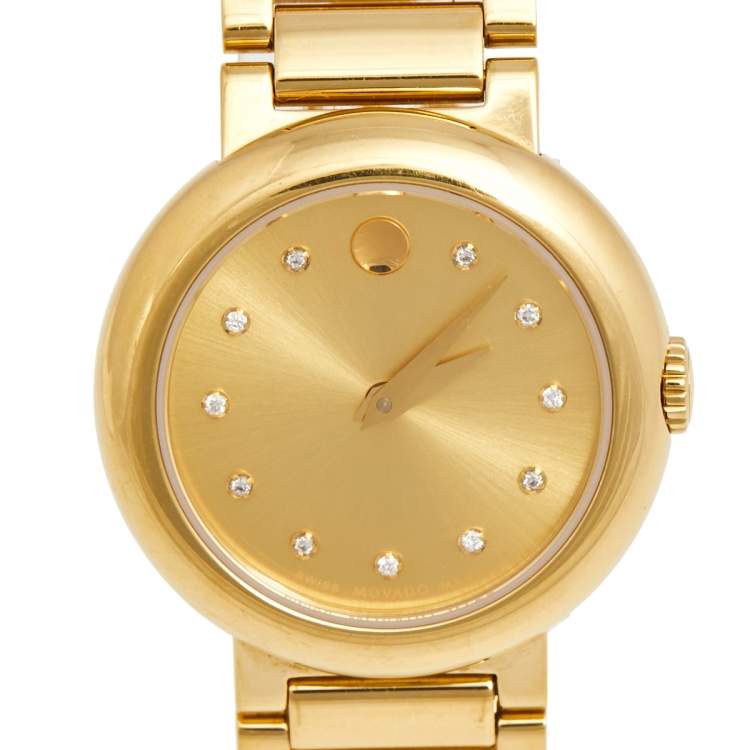 Pre Owned Movado Yellow Gold Plated Stainless Steel Diamond Concerto 23.3.21.1222 Women's Wristwatch 26 mm