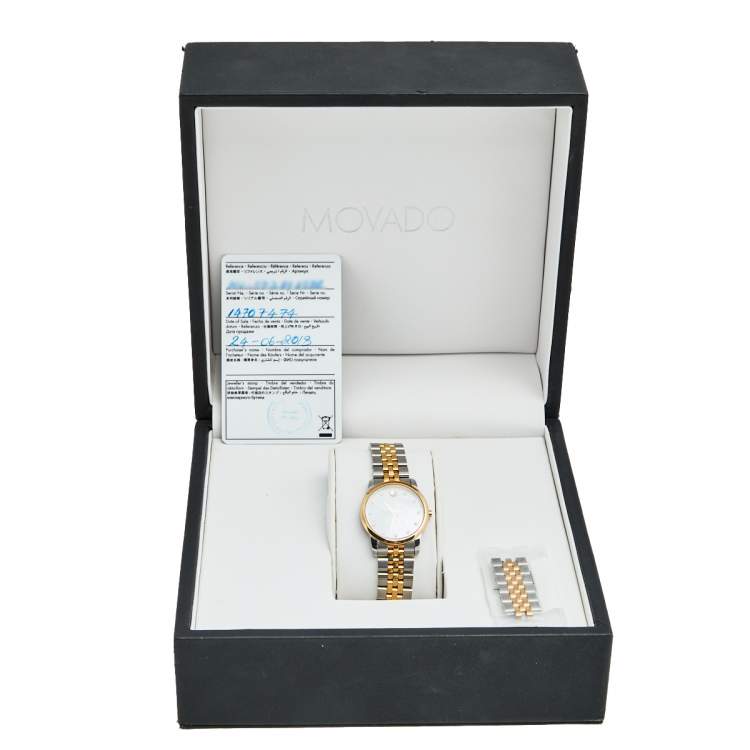 Pre Owned Movado Mother of Pearl Diamond Two Tone Stainless Steel Museum 607209 Women's Wristwatch 28 mm