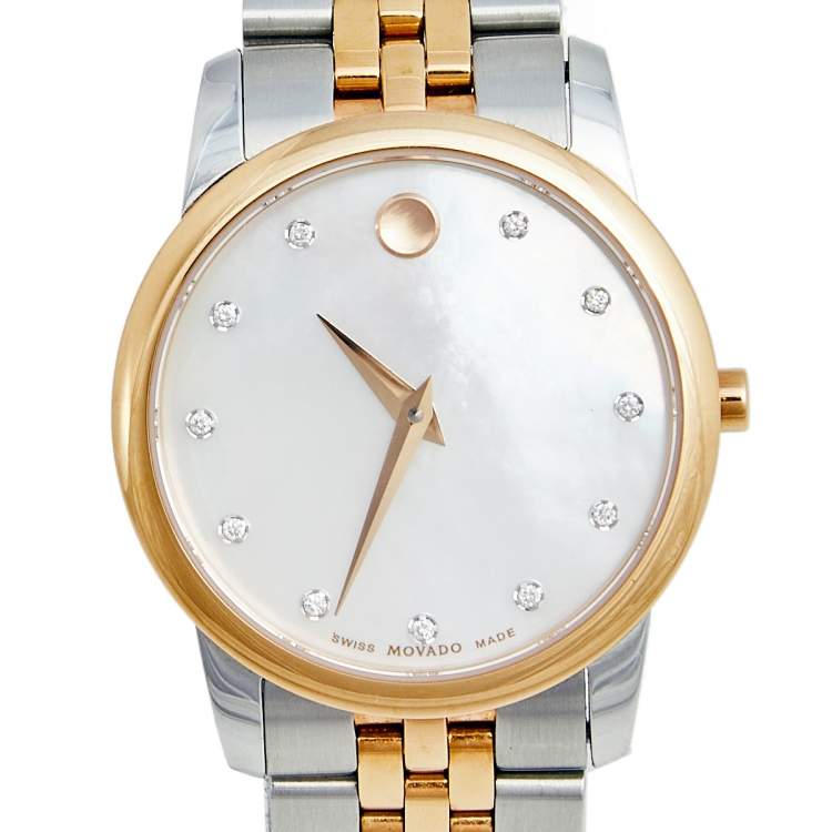 Pre Owned Movado Mother of Pearl Diamond Two Tone Stainless Steel Museum 607209 Women's Wristwatch 28 mm
