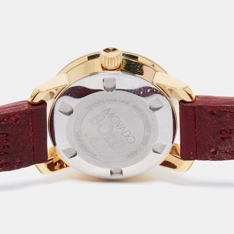 Pre Owned Movado Champagne Gold Plated Stainless Steel Leather Bold 3600344 Women's Wristwatch 25 mm 