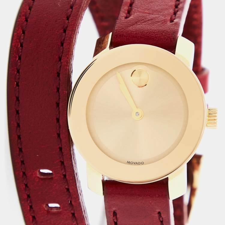 Pre Owned Movado Champagne Gold Plated Stainless Steel Leather Bold 3600344 Women's Wristwatch 25 mm 