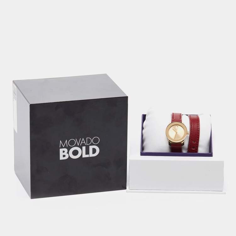 Pre Owned Movado Champagne Gold Plated Stainless Steel Leather Bold 3600344 Women's Wristwatch 25 mm 