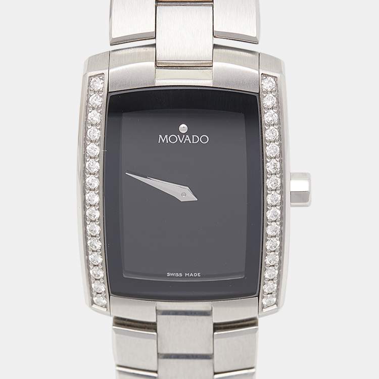 Pre Owned Movado Black Stainless Steel Diamonds Eliro 84 C1 1434 S Women's Wristwatch 23 mm
