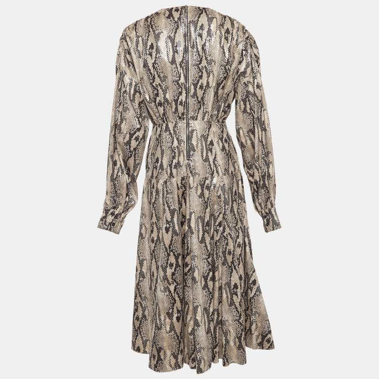 Pre Owned MSGM Brown Python Skin Pattern Faux Leather Midi Dress M