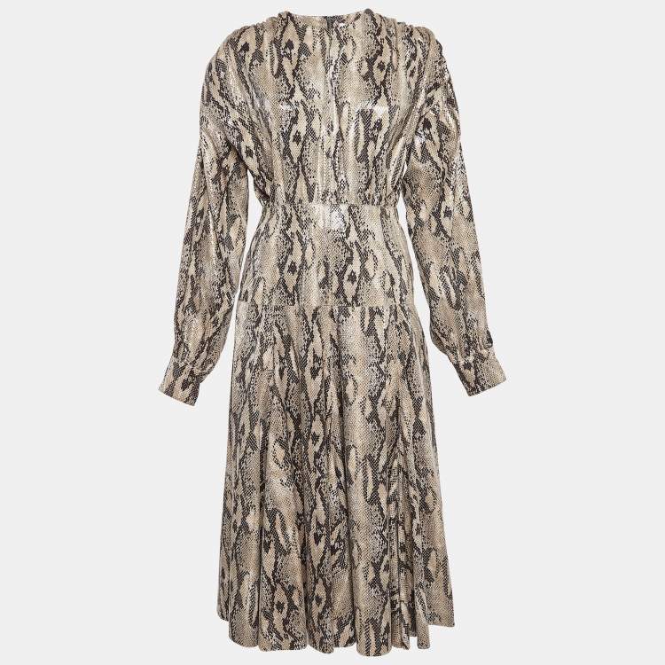 Pre Owned MSGM Brown Python Skin Pattern Faux Leather Midi Dress M