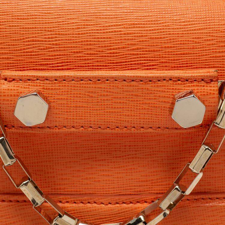 Pre Owned MSGM Bright Orange Textured Leather Chain Shoulder Bag