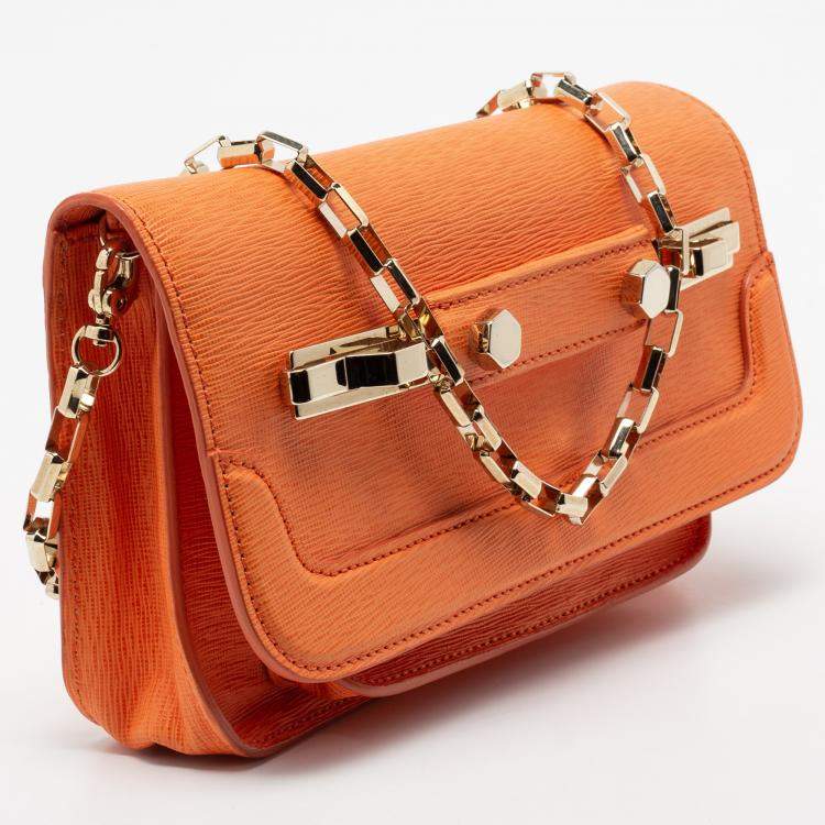Pre Owned MSGM Bright Orange Textured Leather Chain Shoulder Bag