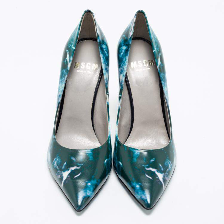 Pre Owned MSGM Blue Marble Print Pointed Toe Pumps Size 38