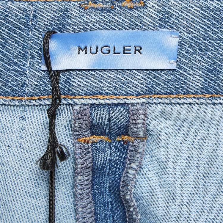 Pre Owned Mugler Blue Denim and Jersey Zip NI-Material Detail Jeans M Waist 28"