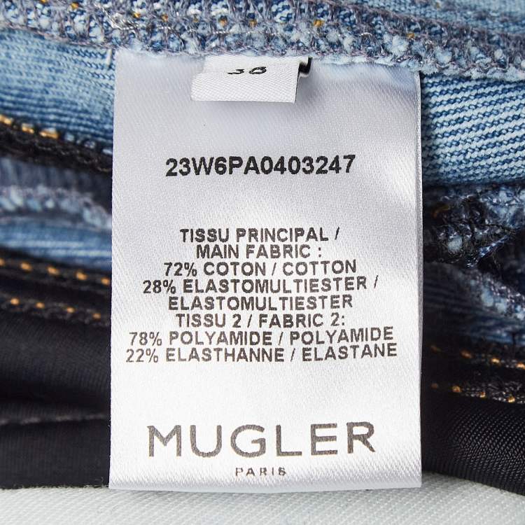 Pre Owned Mugler Blue Denim and Jersey Zip NI-Material Detail Jeans M Waist 28"