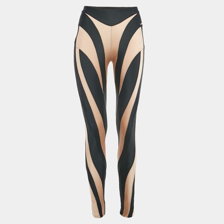 Pre Owned Mugler Tan/Black Paneled Jersey Spiral Leggings M