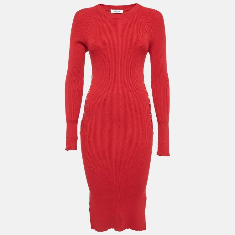 Pre Owned MUGLER Red Rib Knit Stud Detail Bodycon Dress M