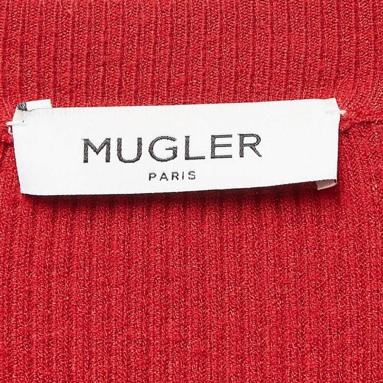 Pre Owned MUGLER Red Rib Knit Stud Detail Bodycon Dress M