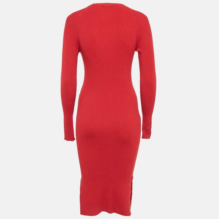 Pre Owned MUGLER Red Rib Knit Stud Detail Bodycon Dress M