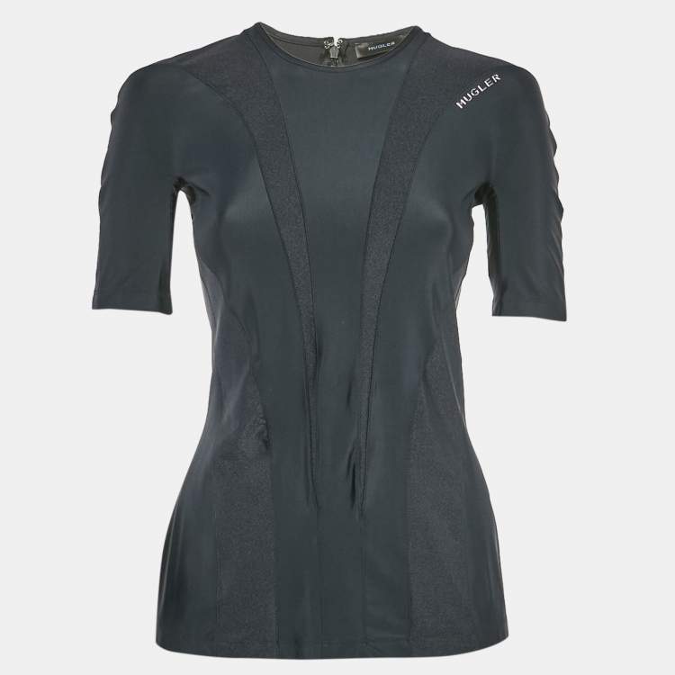 مملوكة مسبقًا Mugler Black Technical Jersey Paneled Top M