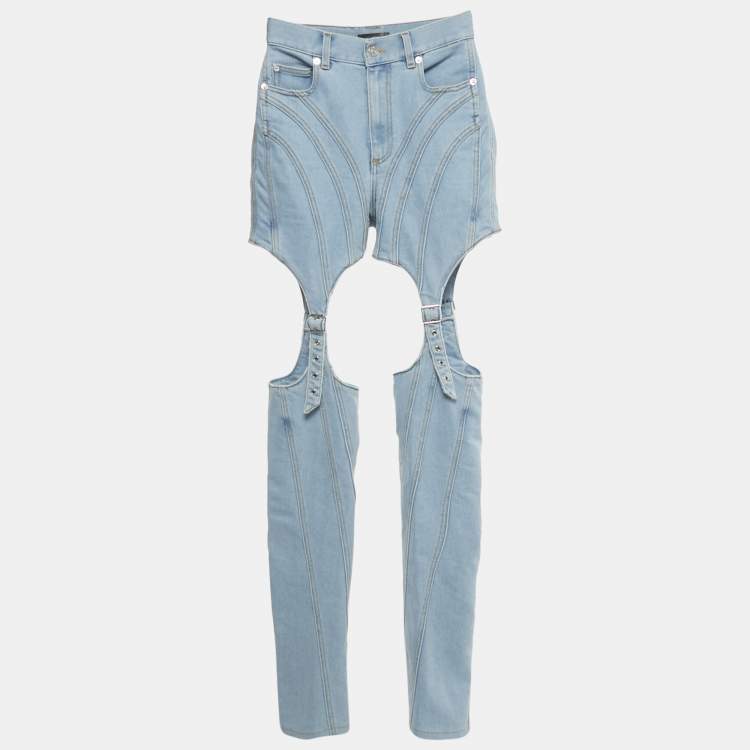 Pre Owned Mugler Blue Denim Cut-Out High Waist Denim Jeans S Waist 26"