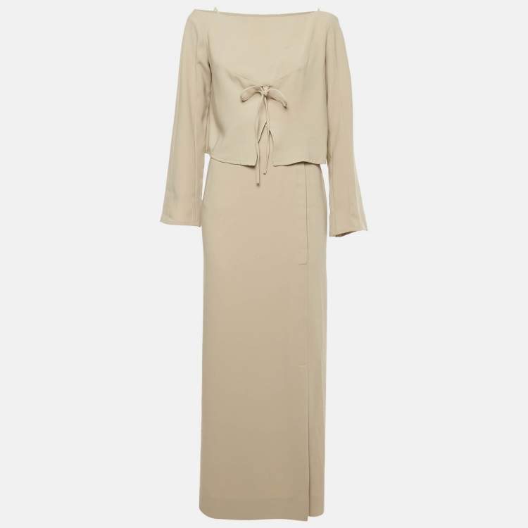 Pre Owned Mugler Taupe Crepe Cold Shoulder Top & Skirt Set M