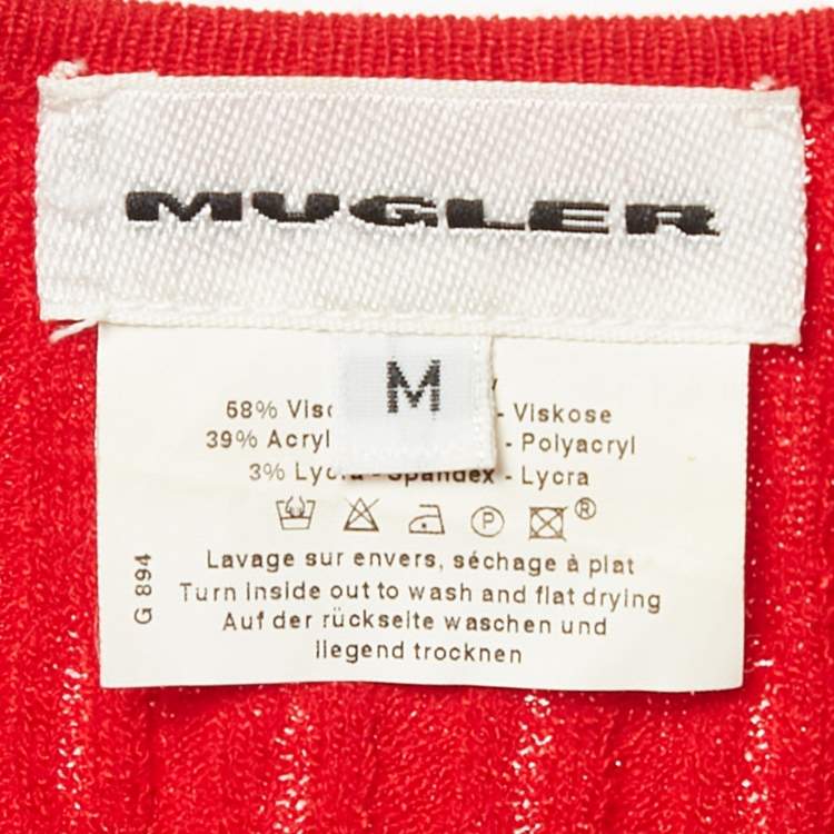 Pre Owned Mugler Red Rib Knit Short Sleeve Top M