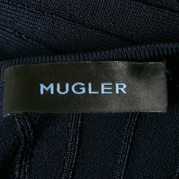 مملوكة مسبقًا Mugler Navy Blue Rib Knit Strappy Bodycon Dress S