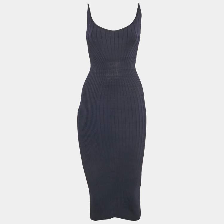 مملوكة مسبقًا Mugler Navy Blue Rib Knit Strappy Bodycon Dress S