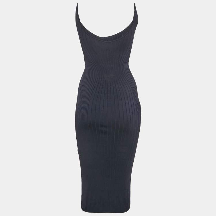 مملوكة مسبقًا Mugler Navy Blue Rib Knit Strappy Bodycon Dress S